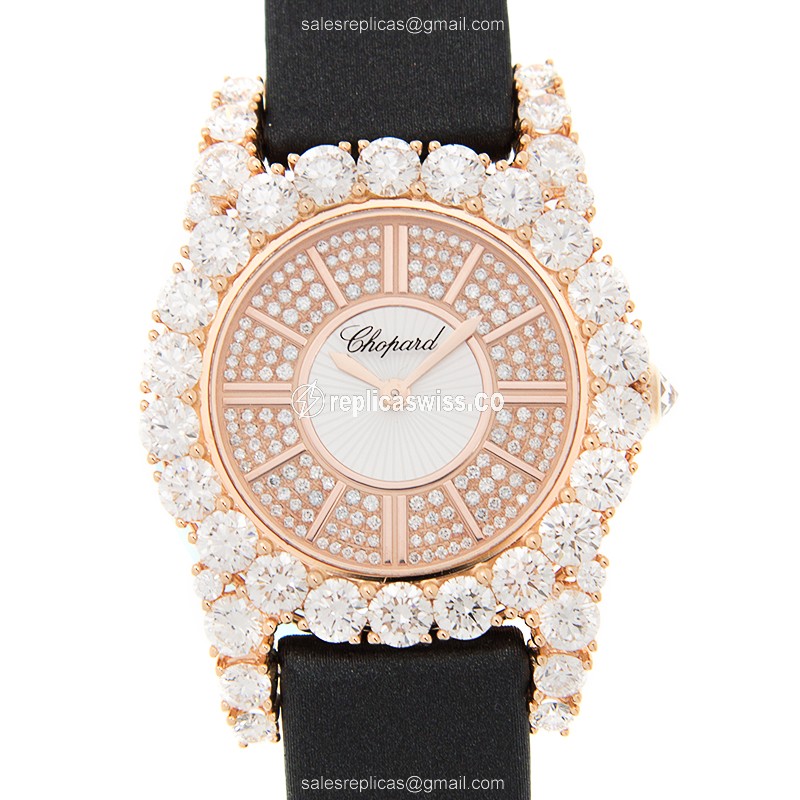 Chopard 139377-5101 - Auto 18kt Rose Gold Diamond - Gold Dial Silk Black Buckle
